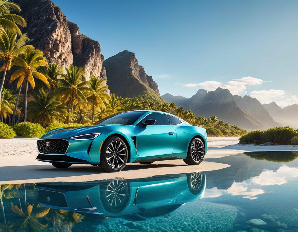 A visually engaging split scene, showcasing a sleek modern car on one side and a serene travel destination such as a beautiful beach or majestic mountains on the other. In the center, a flowing ribbon of colorful icons representing various insurance offerings, like health, travel, and auto insurance. The composition should convey a sense of adventure and security while blending the themes of transportation and travel seamlessly. vibrant colors. super-realistic.