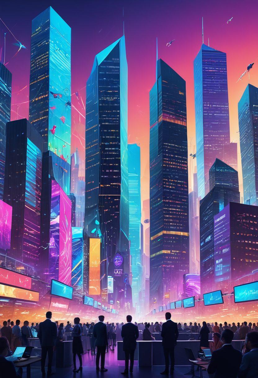 A futuristic city skyline with buildings showcasing various insurance symbols like shields and safety nets, people engaging in discussions around digital screens displaying risk management graphs, a blend of technology and human interaction, bright and inviting atmosphere to symbolize hope and security. vibrant colors. 3D.