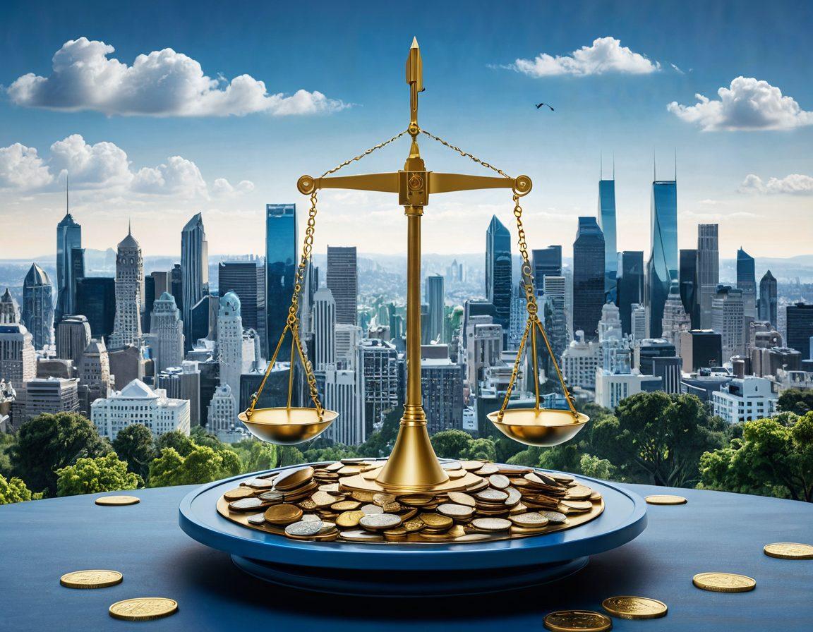 An intricate landscape depicting a balance scale weighing risk and reward, surrounded by diverse financial symbols like coins and shields. In the background, a modern city skyline symbolizes progress and strategy, while dynamic arrows represent changing market trends. The use of blues and greens to convey stability and growth, with a soft light illuminating the scene. super-realistic. vibrant colors. white background.